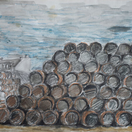 Barrels at Springbank Distillery, Campbeltown. A3. Pastels on paper. 2021
